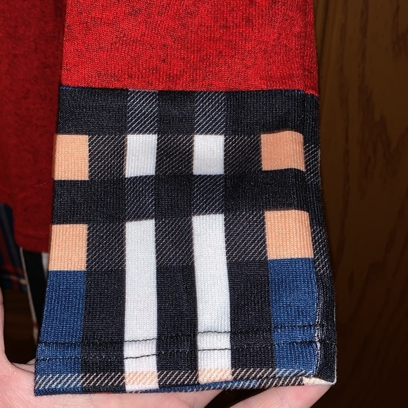 Alaster Queen Brushed Red & Plaid Contrast Cowl Neck Elbow Patch Sweater Dress - Picture 11 of 16